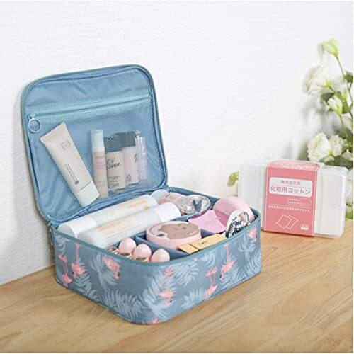 Skyfun (Label) Portable Makeup Train Case Travel Cosmetic Storage Double Zipper Pouch Bag Kit With Removable Partitions And Handle- For Women-Blue Color Flamingo Design