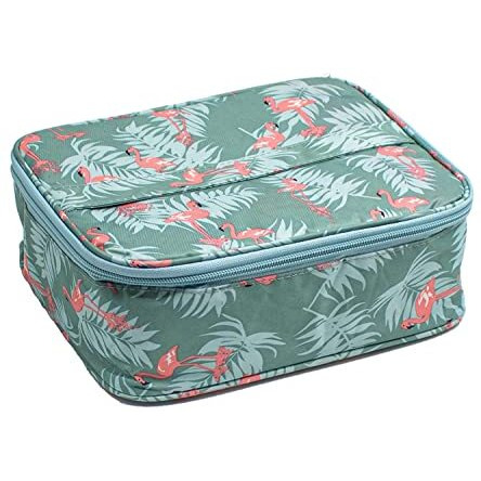 Skyfun (Label) Portable Makeup Train Case Travel Cosmetic Storage Double Zipper Pouch Bag Kit With Removable Partitions And Handle- For Women-Blue Color Flamingo Design