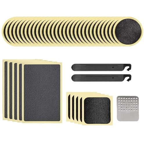 Mobi Lock Self-Adhesive Bicycle Tire Repair Kit (40 Pieces)  Glueless Bike Tube Patches In Round, Square, And Rectangle Shape - Includes 2 Tire Levers, 1 Metal Rasp