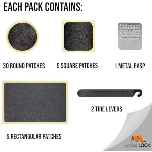 Mobi Lock Self-Adhesive Bicycle Tire Repair Kit (40 Pieces)  Glueless Bike Tube Patches In Round, Square, And Rectangle Shape - Includes 2 Tire Levers, 1 Metal Rasp