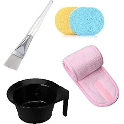 Sitolo Facial Mask Applicator Brush With Bowl | Face Pack Makeup Cosmetic Soft Brush | 2 Face Cleaning Sponges | Women's Polycotton Elasticized Adjustable Head Wrap Facial Headband Combo