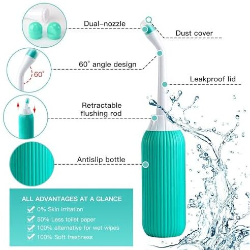Arlicorping 500Ml Plastic Retractable Handheld Bidet Portable Of Antislip, Angled Nozzle Spray Easy To Use Portable Bidet With Travel Bag (Green)