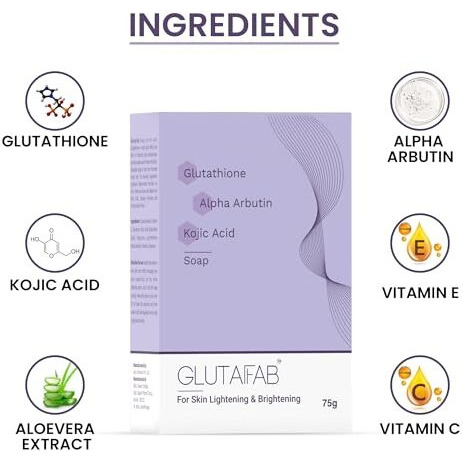 Glutafab Skin Brightening Soap With Glutathione, Kojic Acid, Vitamins C & E, Alpha Arbutin, For Hyperpigmentation, Dark Spots, Excess Oil & Acne Scars, (75 Gm * Pack 3)