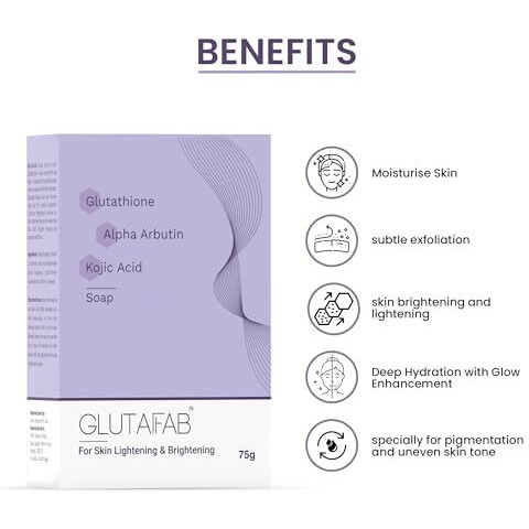 Glutafab Skin Brightening Soap With Glutathione, Kojic Acid, Vitamins C & E, Alpha Arbutin, For Hyperpigmentation, Dark Spots, Excess Oil & Acne Scars, (75 Gm * Pack 3)