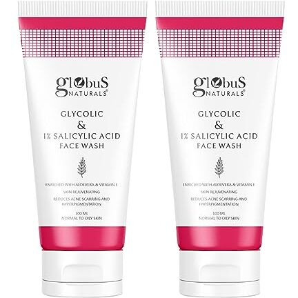 Globus Naturals Pimple Clear Glycolic & 1% Salicylic Acid Face Wash, For Acne & Oil Control, Enriched With Aloe Vera & Vitamin E (100Ml) (Pack Of 2)