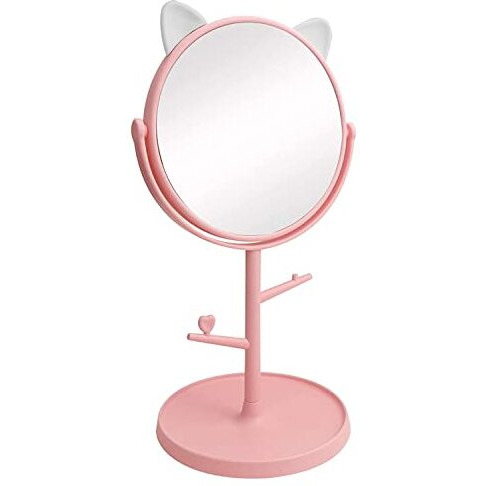 Leeonz Pink 360 Swivel Makeup Mirror, Bathroom Mirror, Shaving Mirror, Round, Tabletop Mounting, Framed (1Pcs) - Glass, 30 X 15 Cm