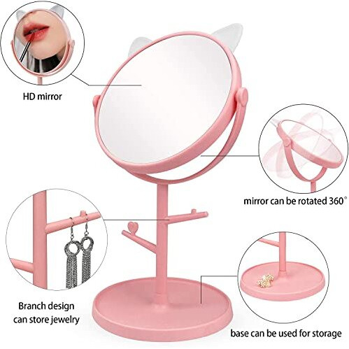 Leeonz Pink 360 Swivel Makeup Mirror, Bathroom Mirror, Shaving Mirror, Round, Tabletop Mounting, Framed (1Pcs) - Glass, 30 X 15 Cm