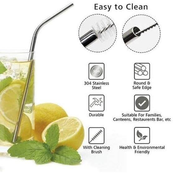 E-Cosmos Reusable Stainless Steel Straws For Drinking With Brushes 8.5 Inches Bpa-Free Metal, Thick, Long (2 Bent + 2 Straight +1 Brush)