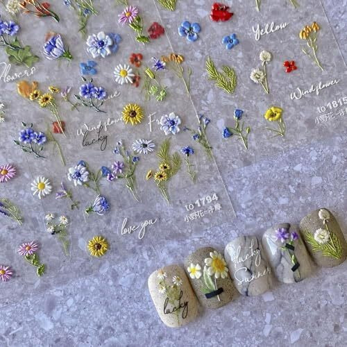 Tresta 5D Embossed Self-Adhesive Floral Nail Stickers - Summer Flower Leaf Plant Designs For Diy Manicure | Nail Art Accessories For Women & Girls
