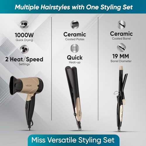 Vega Miss Versatile Styling Set Straightener, Curler & Dryer Gift Combo For Women, 1000W Hair Dryer With 2 Head/Speed Setting, Hair Straightener & Curler Comes With Ceramic Coated, (Vhss-03), Black