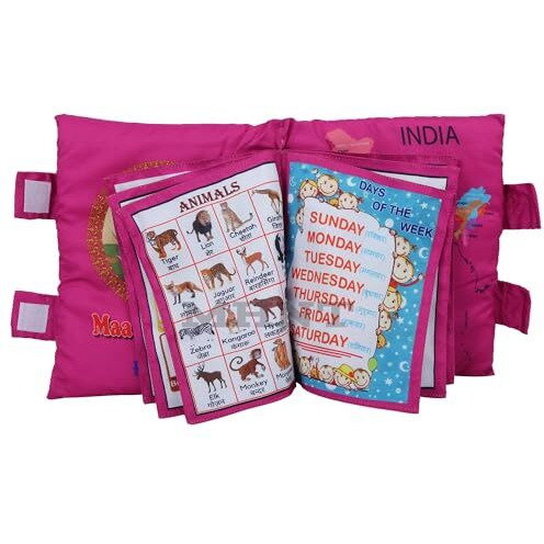 Pqlq Mhnt Learning Pillow Cloth Book With English & Hindi Cushion Cotton Books For Kids Baby Children, Pink, 1 Count