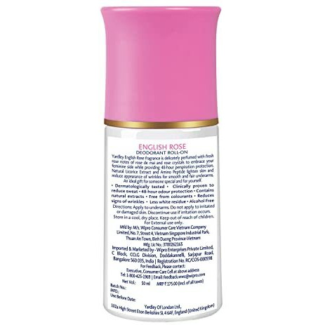 Yardley London English Rose Anti-Perspirant Deodorant Roll-On| Body Deodorant Roll-On For Women| 48-Hour Active Sweat Protection| Alcohol-Free | 50Ml