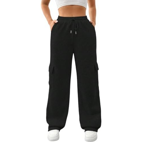 Kateclo Women's Multi Flap Pocket Side Drawstring Waist Sweatpants (In, Numeric, 28, Black)