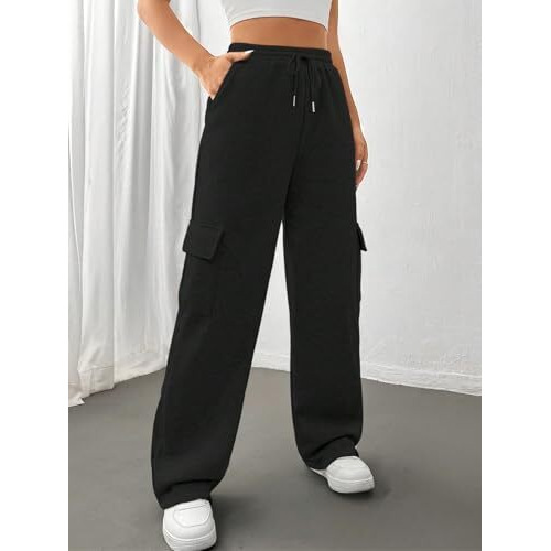 Kateclo Women's Multi Flap Pocket Side Drawstring Waist Sweatpants (In, Numeric, 28, Black)