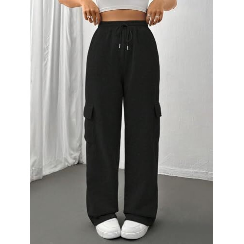 Kateclo Women's Multi Flap Pocket Side Drawstring Waist Sweatpants (In, Numeric, 28, Black)