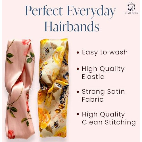 Silvr Bear Luxury Satin Hairband | Pack Of 2 | Aesthetic Turban Hairband Korean Style Twisted Cross Knot Head Band For Women | Fabric Elastic Hair Band For Women (Floral Roses For Women & Teens)