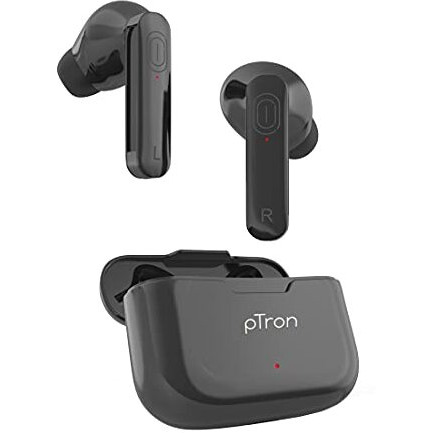Ptron Bassbuds Duo New Bluetooth 5.1 Wireless In Ear Headphones,Stereo Audio,Touch Control Tws,Dual Hd Mic,Type-C Fast Charging,Ipx4 Water-Resistant,Passive Noise Cancelling&Voice Assistant (Black)