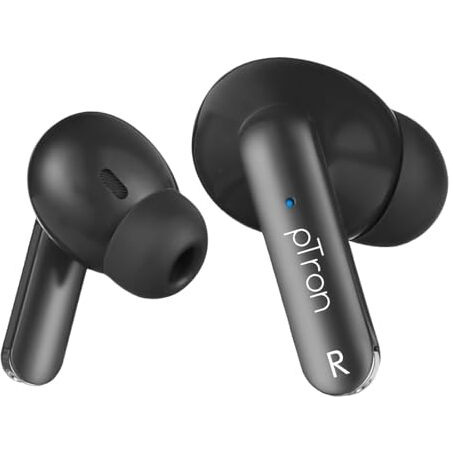 Ptron Bassbuds Duo New Bluetooth 5.1 Wireless In Ear Headphones,Stereo Audio,Touch Control Tws,Dual Hd Mic,Type-C Fast Charging,Ipx4 Water-Resistant,Passive Noise Cancelling&Voice Assistant (Black)
