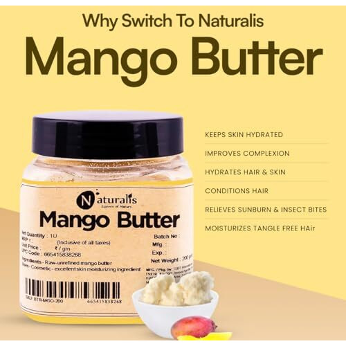 Naturalis Mango Butter (200Gm)| 100% Raw, Unprocessed And Unrefined Body Butter | Ingredient For Lip Balm/Lip Cream/Moisturization & Nourishment Of Body And Skin Formulation