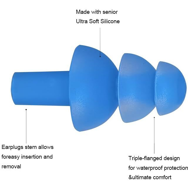 Every Cares Silicone Swimming Earplugs, 6 Pairs, Comfortable, Waterproof, Ear Plugs For Swimming And Showering, With Case (Blue)
