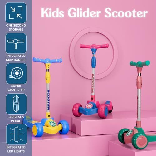 Staranddaisy Glider Scooter For Kids 6-12 Years / 3 Wheel Skating Scooter Boys & Girls With Pu Light Up Led Wheels, 5 Level Adjustable Height And Easy To Fold (Red & Blue)