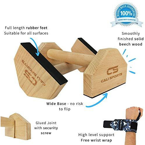 Cali Sports Push Up Bar Calisthenics Equipment, Solid Wood Parallettes Bars For Floor Use, Perfect Pushup Bar And Handstand Push Up Handles For Men And Women, Includes Wrist Wraps