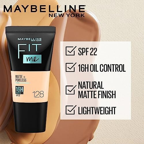 Maybelline New York Liquid Foundation, Matte & Poreless, Full Coverage Blendable Normal To Oily Skin, Fit Me, 128 Warm Nude, 18 Ml
