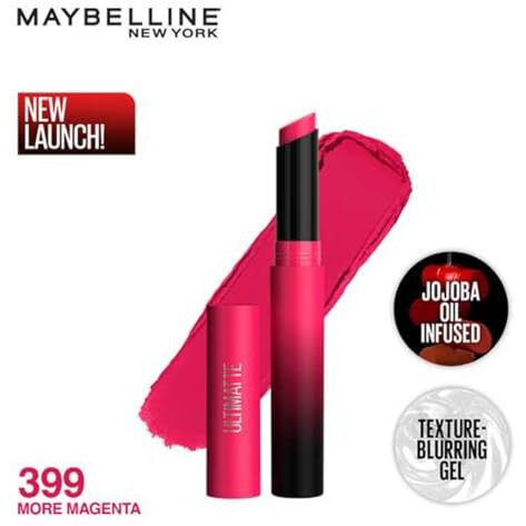 Maybelline New York Lipstick, Matte Finish, Bold Colour, Enriched With Jojoba Oil, Color Sensational Ultimattes, 399 More Magenta, 1.7 G