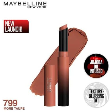Maybelline New York Lipstick, Matte Finish, Bold Colour, Enriched With Jojoba Oil, Color Sensational Ultimattes, 799 More Taupe, 1.7 G