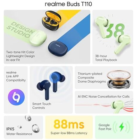 Realme Buds T110 True Wireless In Ear Earbuds With 10Mm Dynamic Bass Boost Driver, 38 Hours Playback, Ai Enc, 88Ms Low Latency & Ipx5 Water Resistant (Country Green)
