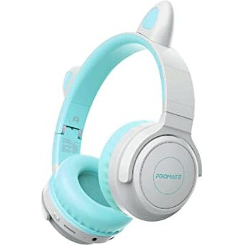 Promate Panda Bluetooth Headphones For Kids-Kawaii Cat Ear Headphones,Max 93Db Volume Limit,Wired/Wireless Kids Headphones With Microsd Card Slot,Led,Mic,40 Hrs Playback Time,3.5Mm Aux,Aqua-Over Ear