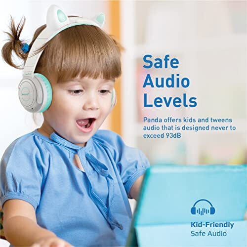 Promate Panda Bluetooth Headphones For Kids-Kawaii Cat Ear Headphones,Max 93Db Volume Limit,Wired/Wireless Kids Headphones With Microsd Card Slot,Led,Mic,40 Hrs Playback Time,3.5Mm Aux,Aqua-Over Ear