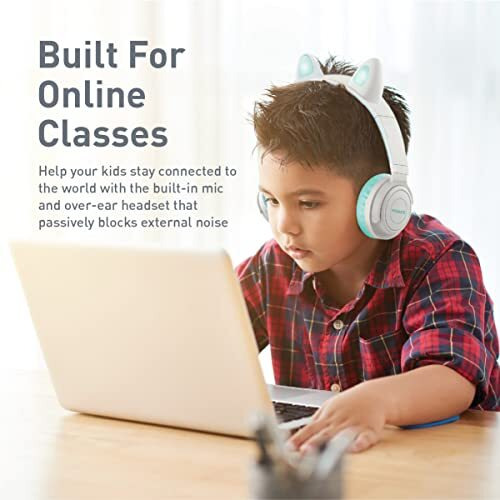 Promate Panda Bluetooth Headphones For Kids-Kawaii Cat Ear Headphones,Max 93Db Volume Limit,Wired/Wireless Kids Headphones With Microsd Card Slot,Led,Mic,40 Hrs Playback Time,3.5Mm Aux,Aqua-Over Ear