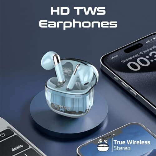 Promate Transpods Tws In Ear Earbuds With Mic,True Wireless Earphones With Bluetooth V5.3,13Mm Dynamic Drivers,26Hr Playback,Intelligent Touch Controls,350Mah Battery Capacity And 50 Hrs Standby,Blue