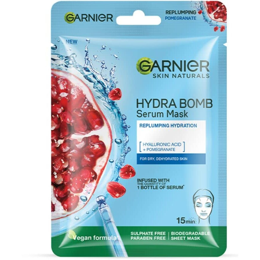 Garnier Skin Naturals, Serum Mask, Hydrating & Soothing, Hydra Bomb Pomegranate Mask, 1 Pc, 28G