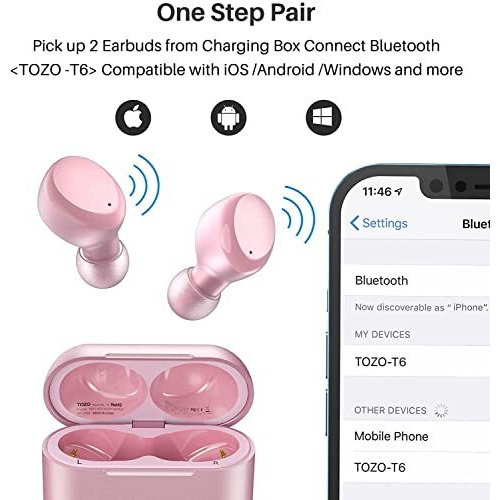 Tozo T6 True Wireless Earbuds Bluetooth 5.3 Headphones 45H Playtime With Wireless Charging Case, Ipx8 Waterproof, Origx Premium Sound Tech, Touch Control In-Ear Earphones Deep Bass With Mic Pink