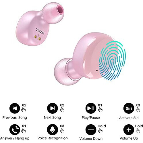 Tozo T6 True Wireless Earbuds Bluetooth 5.3 Headphones 45H Playtime With Wireless Charging Case, Ipx8 Waterproof, Origx Premium Sound Tech, Touch Control In-Ear Earphones Deep Bass With Mic Pink