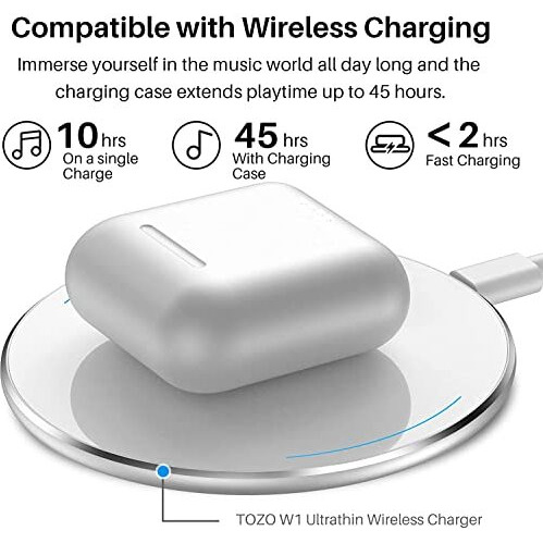 Tozo T6 True Wireless Earbuds Bluetooth 5.3 Headphones 45H Playtime With Wireless Charging Case, Ipx8 Waterproof, Origx Premium Sound Tech, Touch Control In-Ear Earphones Deep Bass With Mic White