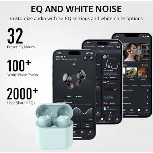 Tozo T6 (Ergonomic Edition) Wireless Earbuds Bluetooth 5.3 Headphones, Ergonomic Design In-Ear Headset, 50Hrs Playtime With Wireless Charging Case, App Eq Customisable, Ipx8 Waterproof, 2024 Version