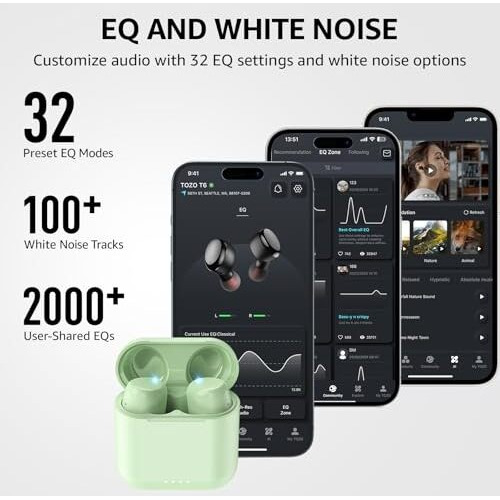 Tozo T6 (Ergonomic Edition) Wireless Earbuds Bluetooth 5.3 Headphones, Ergonomic Design In-Ear Headset, 50Hrs Playtime With Wireless Charging Case, App Eq Customisable, Ipx8 Waterproof, 2024 Version