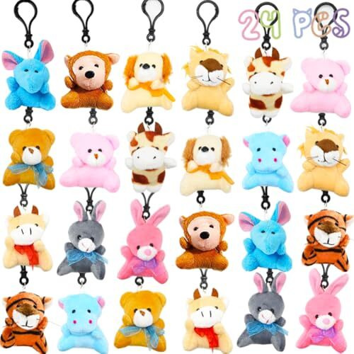 Dinesil 24 Pieces Mini Plush Animals Toys Set, Cute Small Stuffed Animal Keychain For Kids Easter Hunts, Basket Stuffers, Goodie Bag Fillers, Party Favors Supplies