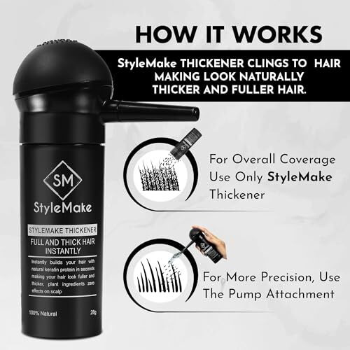 Stylemake Thickener Hair Fiber Black 28Gm With Pump For Thin & Fine Hair Instantly Transform | Hair Thickening Fibre Spray For Men & Women | Hair Loss Concealer | (Black Fiber + Applicator)