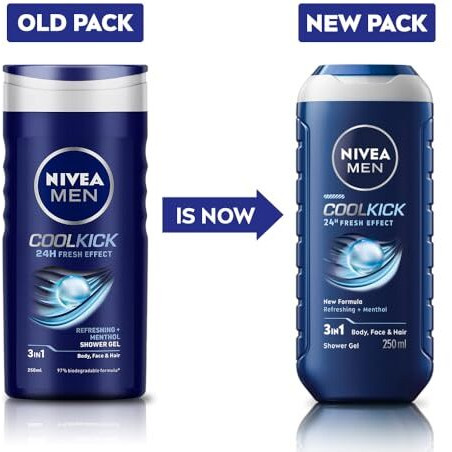 Nivea Men Body Wash, Cool Kick With Refreshing Icy Menthol, Shower Gel For Body, Face & Hair, 250 Ml