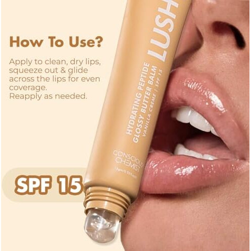 Conscious Chemist Peptide Lip Balm - Lush Lips With Spf15 | 15G | Vanilla Creme | For Dry & Chapped Lips | 24 Hr Hydration & Moisturizing | For Men & Women | Lip Balm For Pigmentation & Dark Lips | Sun Protection | Soothes Dry Lips & Repair Moisture Barrier