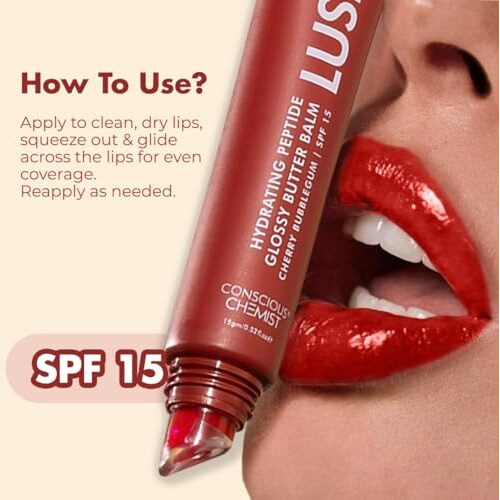 Conscious Chemist Peptide Lip Balm - Lush Lips With Spf15 | 15G | Cherry Bubblegum For Dry & Chapped Lips | 24 Hr Hydration & Moisturizing Lip Balm For Women | For Pigmentation & Dark Lips | Sun Protection | Soothes Dry Lips & Repair Moisture Barrier