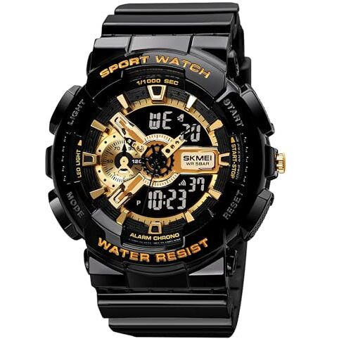 Skmei Sport Watch With Led Screen For Men Analog-Digital Display Black-Gold Dial AbsPu Men's Pu Black Color Stylish Band, Water-Resistant & Scratch-Resistant-1688