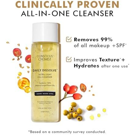 Conscious Chemist Makeup Remover Oil Cleanser|130 Ml|Face Wash, Cleanser Oily Skin, Makeup Remover. Men & Women. Removes Waterproof Makeup, Spf & Impurities. Soft & Glowing Skin - Daily Dissolve