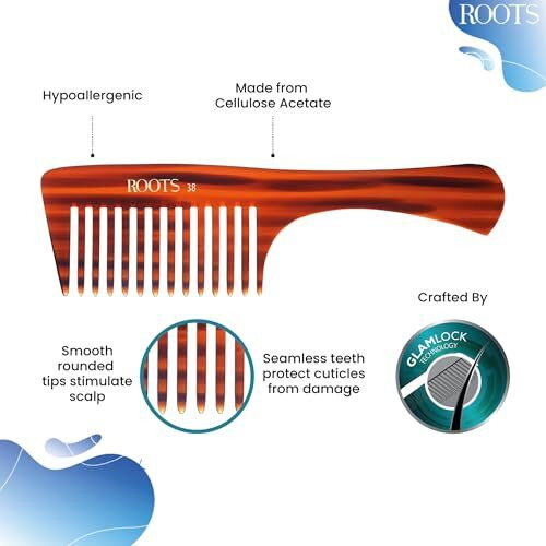Roots - Classic Brown Wide Teeth Handle Comb - Hair Comb For Men And Women - Style Your Hair Hassle-Free - Light Weight For Healthy & Stylish Hair - Pack Of 1 - Model No.38