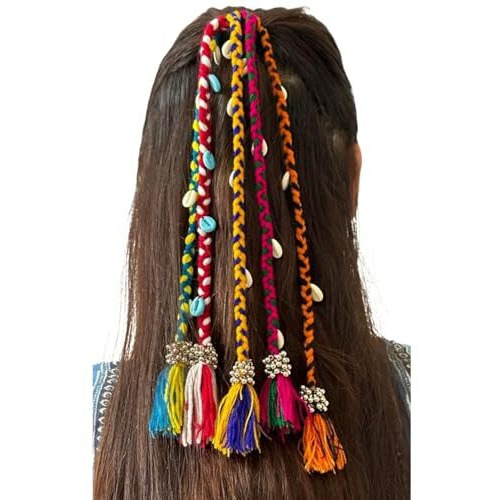 Leafloom 1 Pcs Navratri Look Hair Braids With Rubber Bands Girl And Women, Hair Accessory For Everyday Style And Rainbow Color Braids Extensions Hair Color | Boho Chic Style (Multicolour)