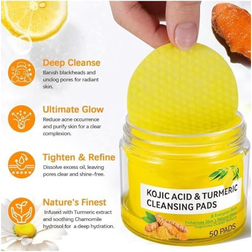 Birvan Turmeric And Kojic Acid Face Cleansing Pads Dark Spots, Skin Brightening, And Acne Prevention With | Vitamin C, Retinol, And Chamomile Hydrolat | For Men & Women | All Skin Types | 50 Piece Pack Of 1